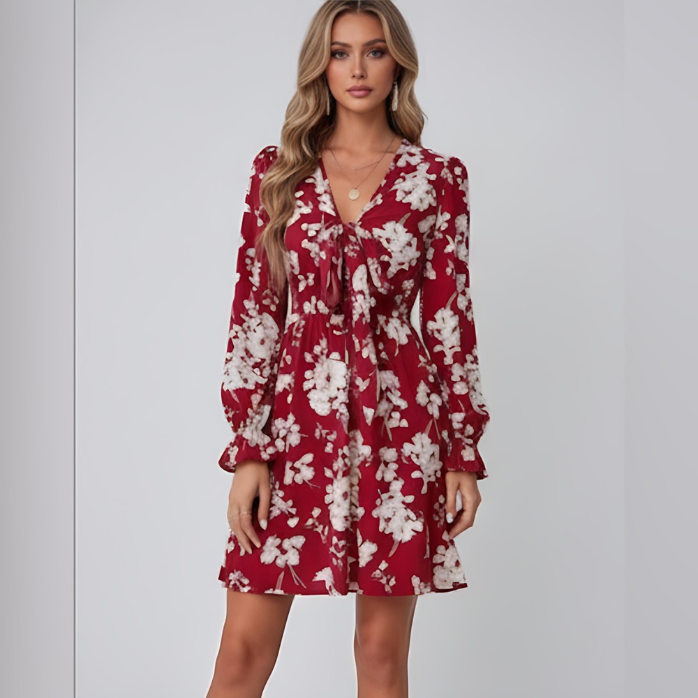 LAST ONE 🔥 Red Boho Floral Print Knot Front Flounce Sleeve Dress